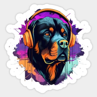 Rottweiler wears headphones - synth wave style Sticker